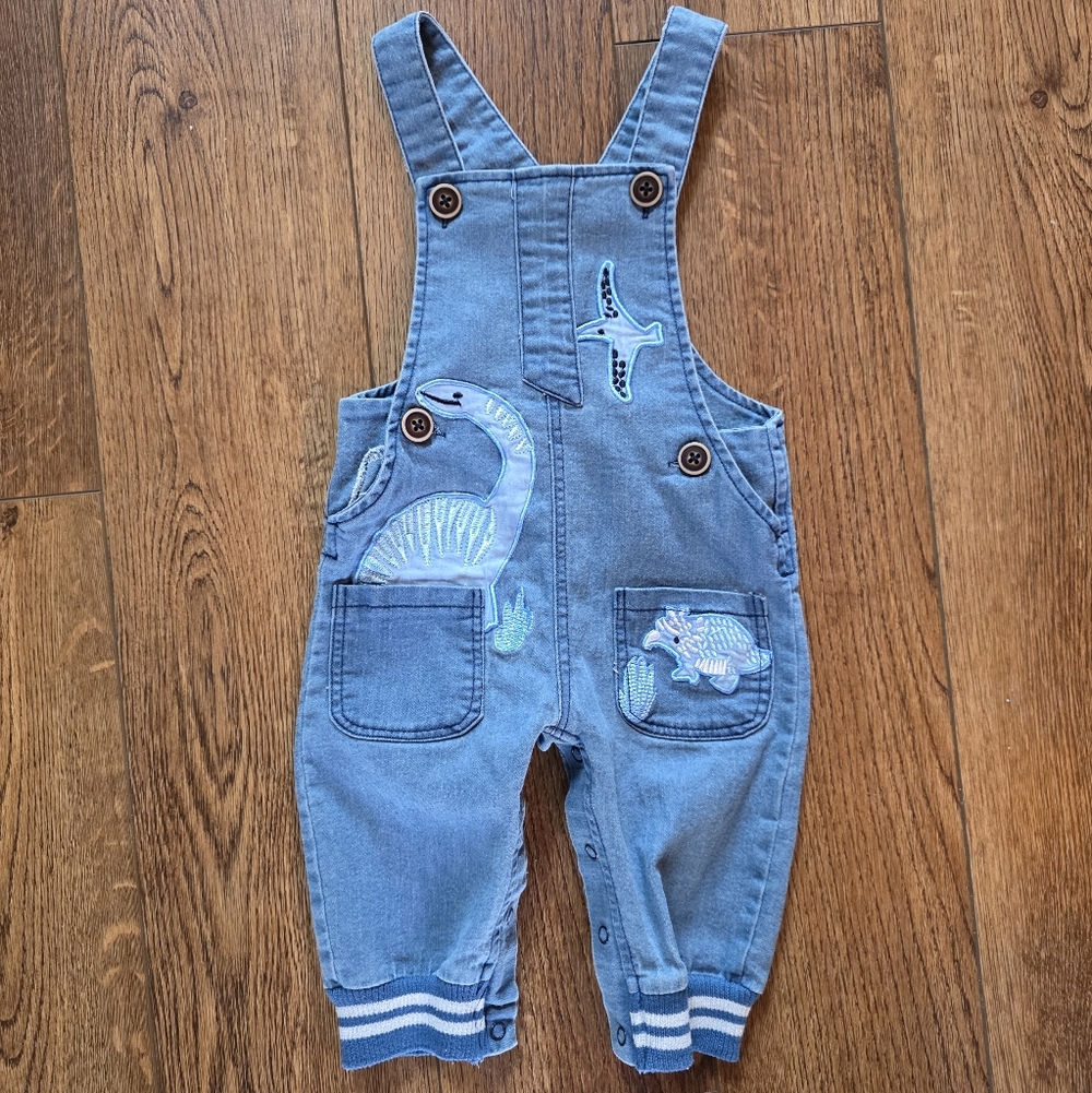 Y2k Light Blue Denim Kids Overalls with Applique Dino Patches